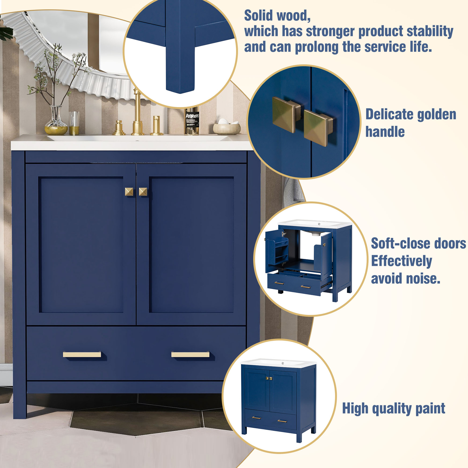 30″ Bathroom Vanity w/White Resin Basin Sink Top with 2 Doors and Big Drawer