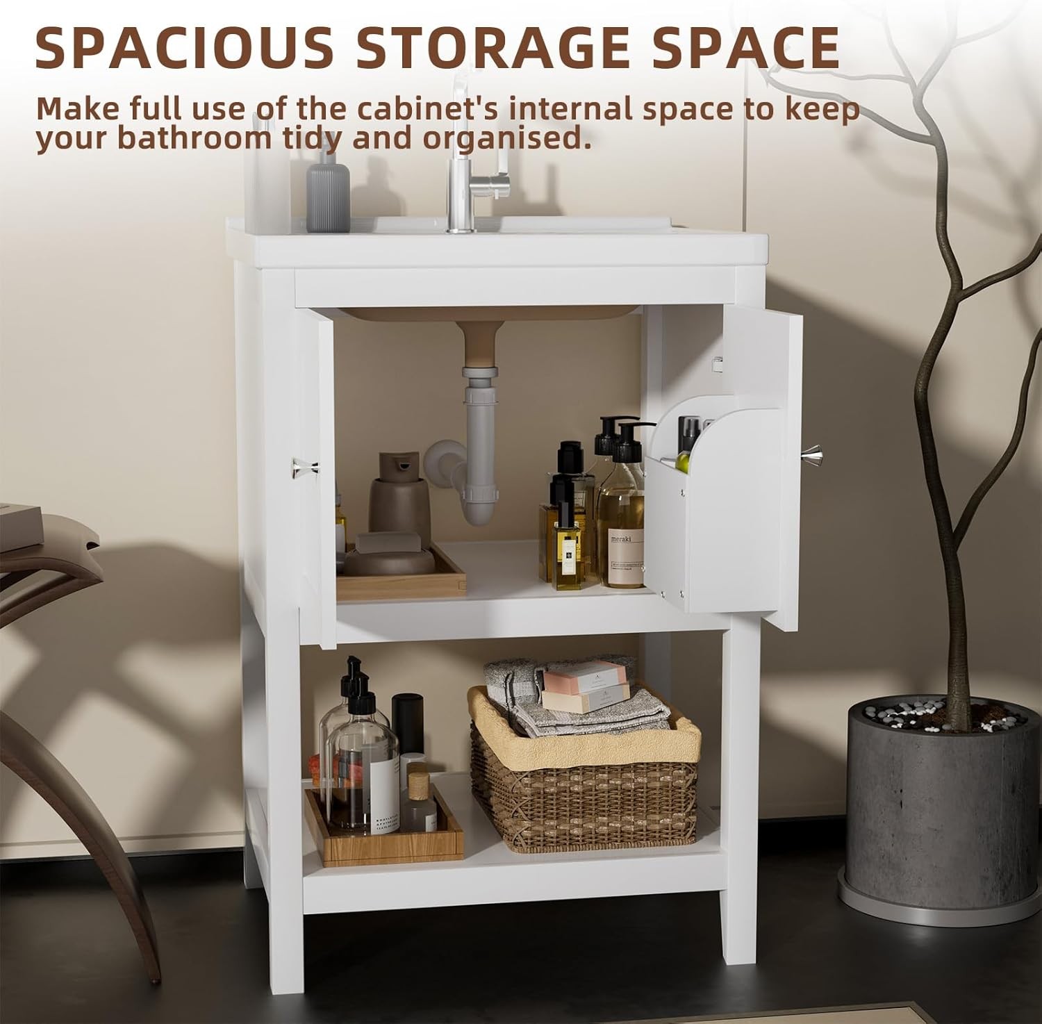 24 Inch Bathroom Vanity with Sink, Bathroom Sink Cabinet with 2 Doors and 1 Open