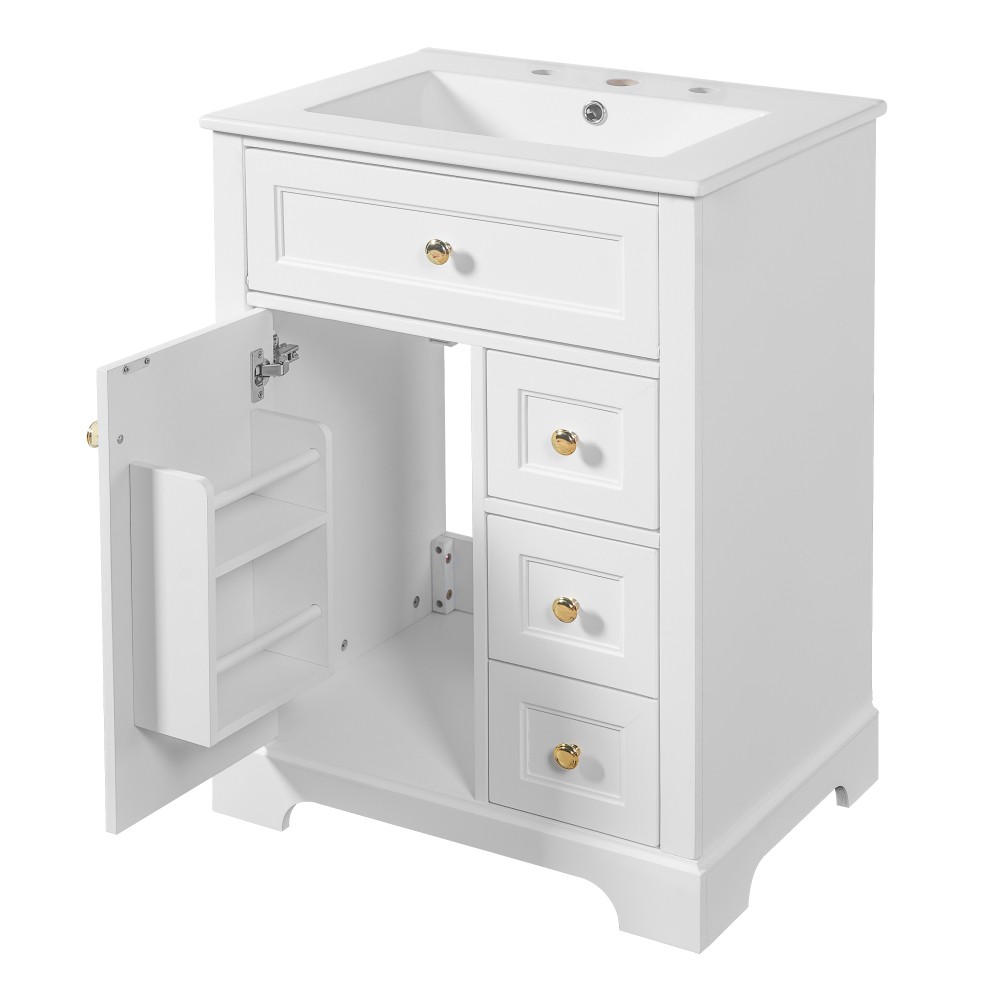 24 in White Bathroom Vanity with Sink MDF & Pinewood Construction 3 Drawers