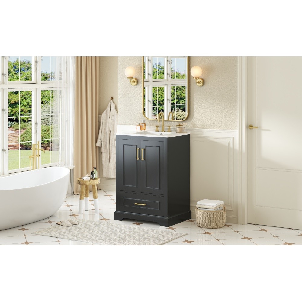 24″Bathroom Vanity with Sink MDF Cabinet with Solid Wood Frame, 1 Divided Drawer
