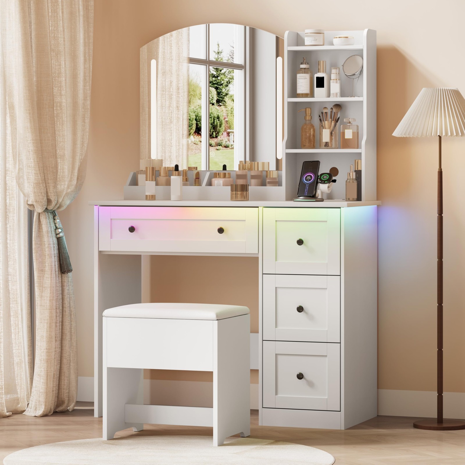 App Controlled RGB Vanity Arc Mirror Makeup Table Drawers Chair 3 Modes Outlet