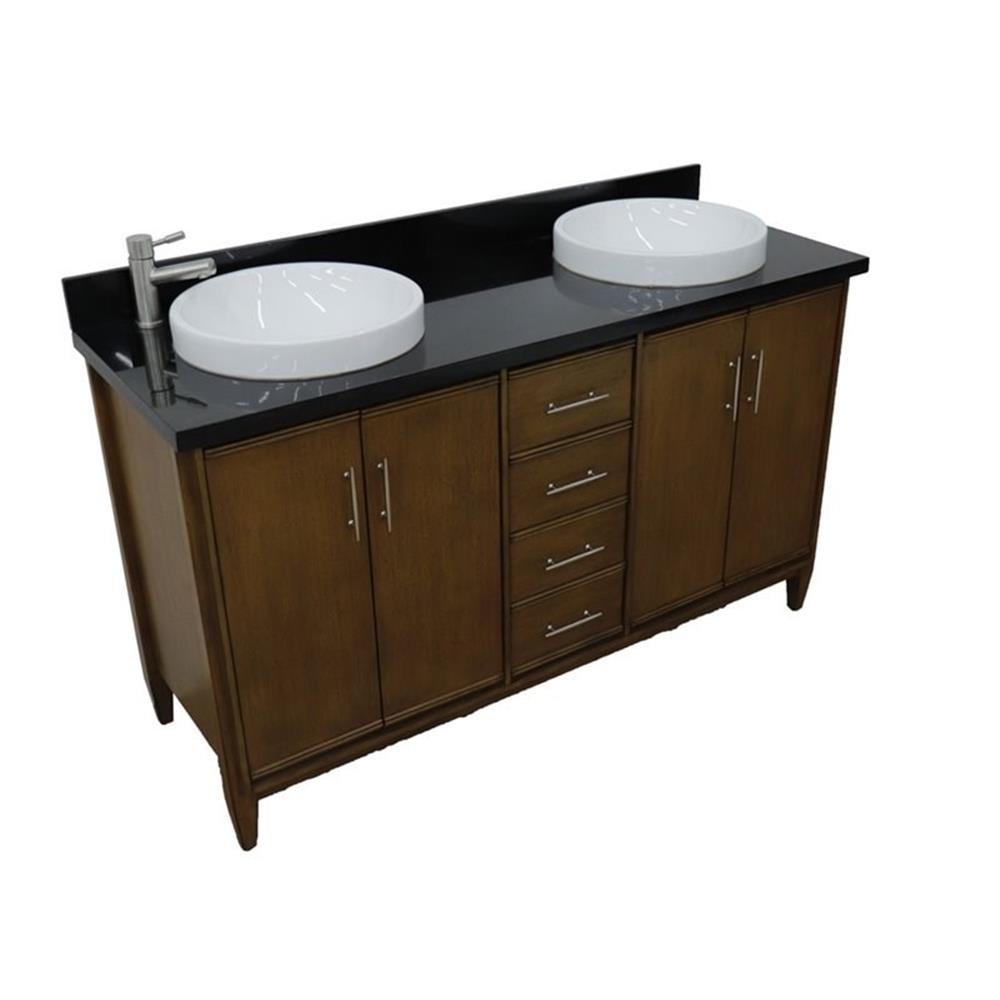 MCM 61″ Double Round Sink Vanity with Black Granite Stone in Walnut