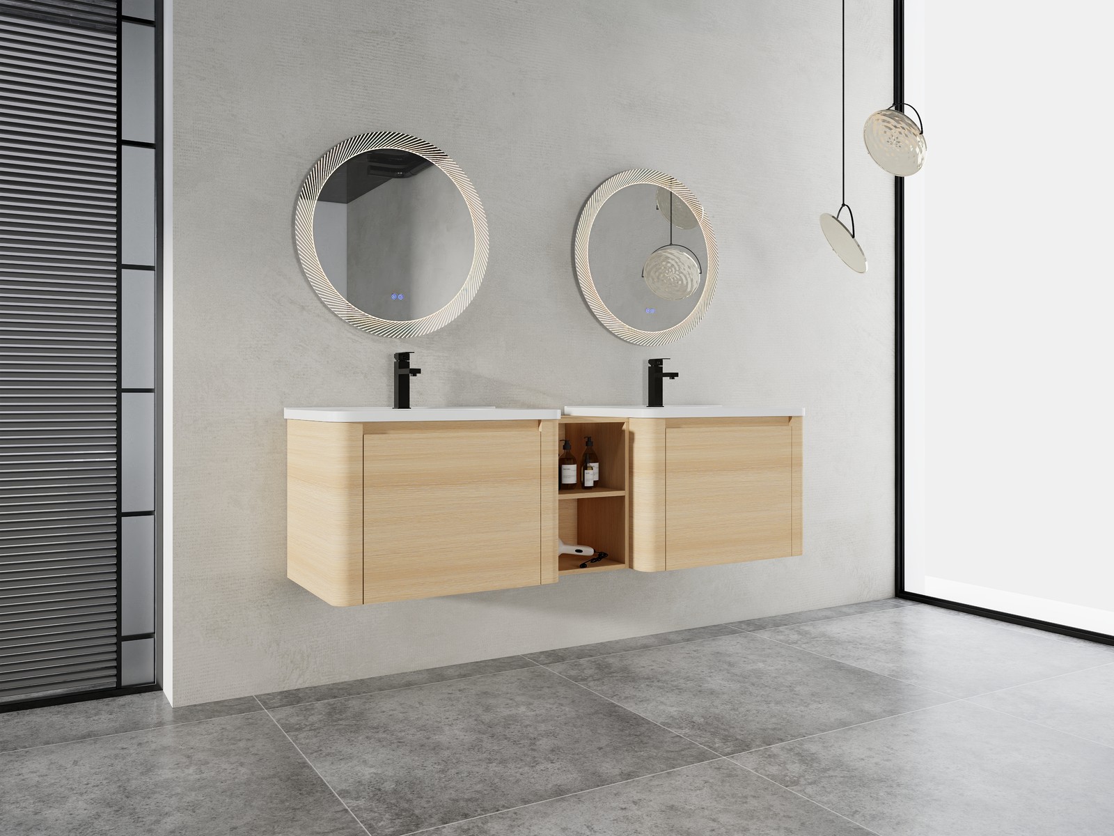 68in Plywood Wall-Mounted Bathroom Vanity W/ 2x White Ceramic Sink and Shelves