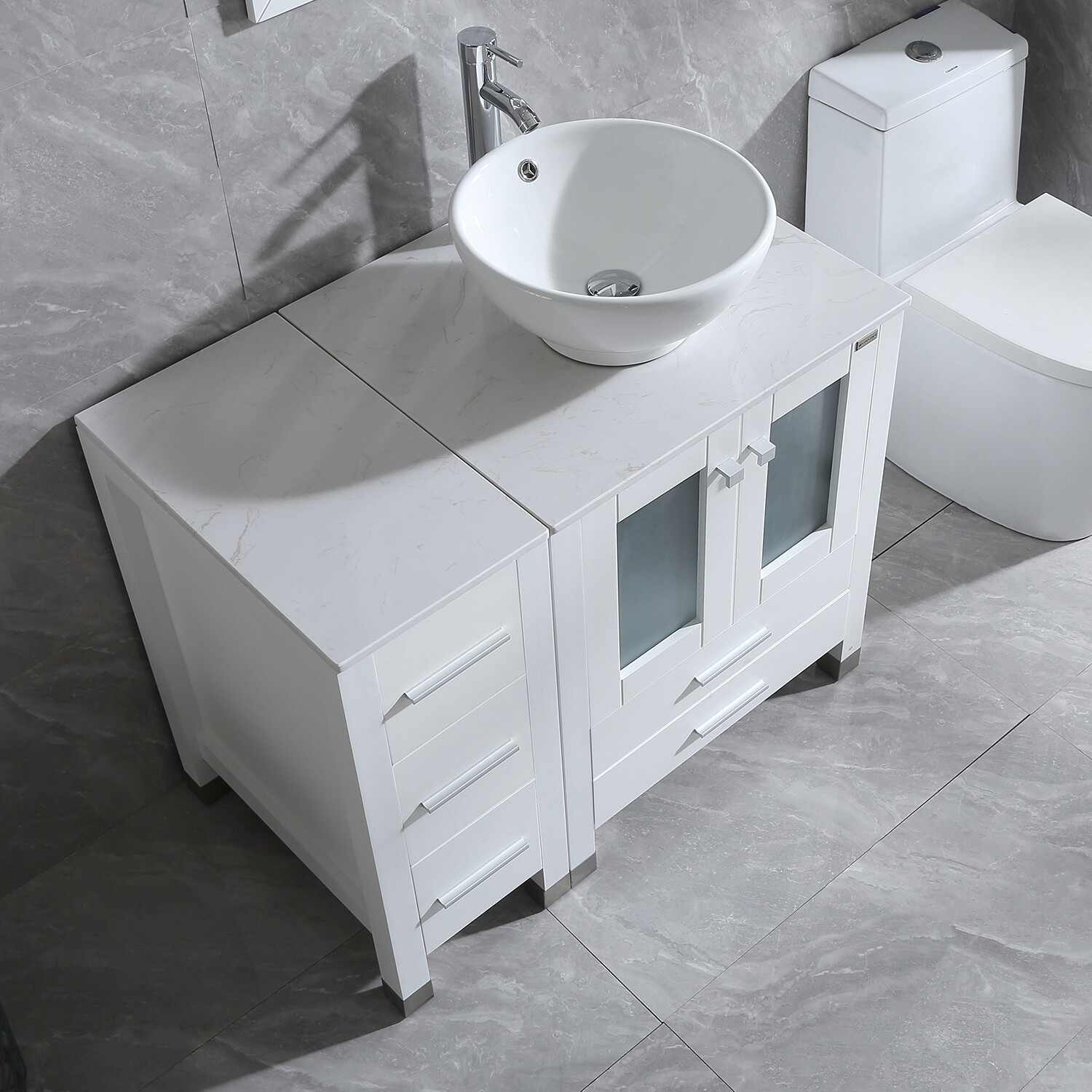 36″ Bathroom Vanity Cabinet Ceramic Vessel Sink Stone Top w/Mirror & Drain Combo