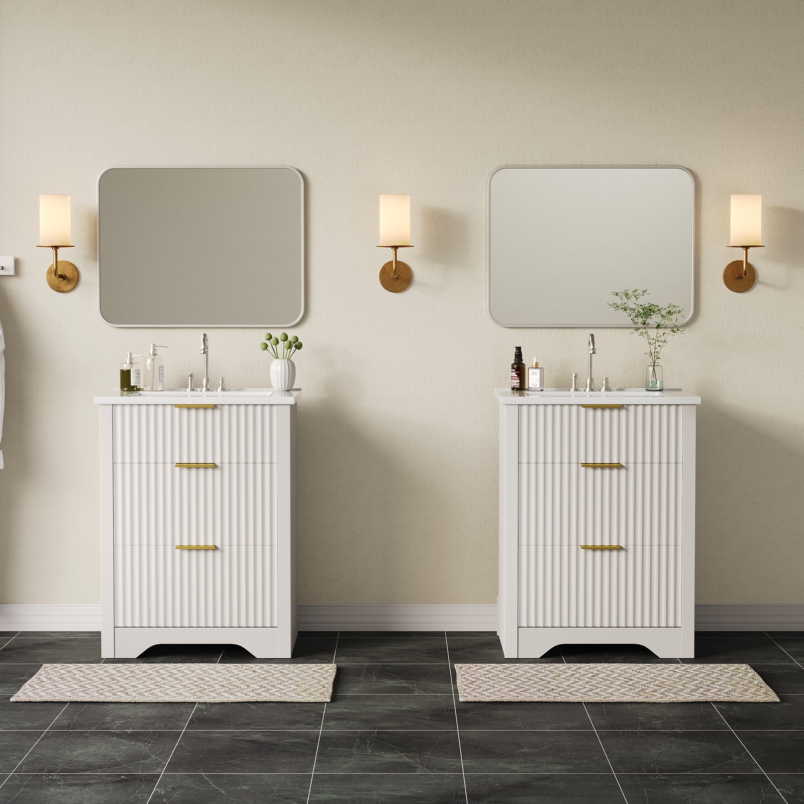 24” Fluted Bathroom Vanity w/Sink, Farmhouse Freestanding Bathroom Sink Cabinet