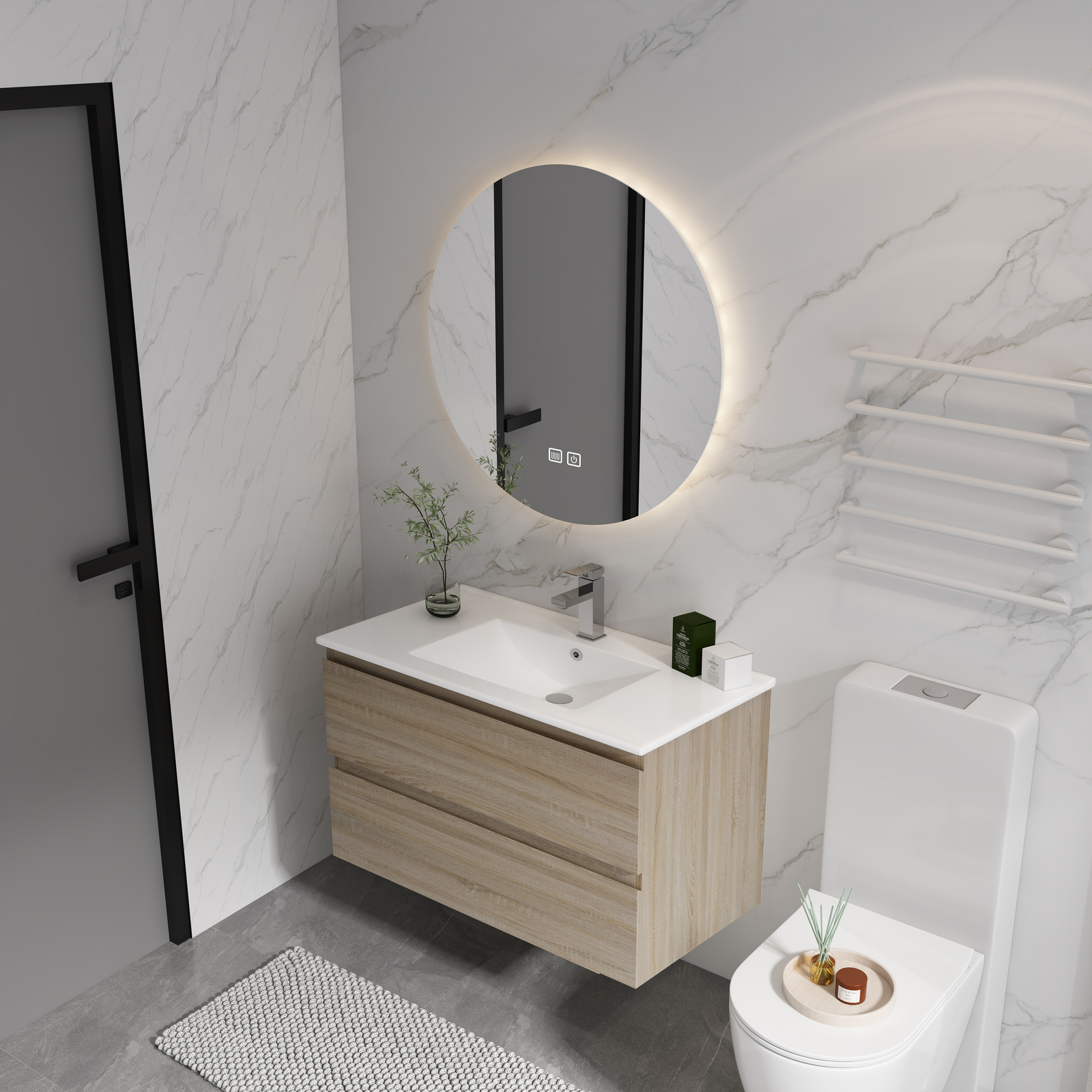36″ Wood Wall Mounted Bathroom Vanity W/ 2 Drawers +Ceramic Sink Basin Light Oak