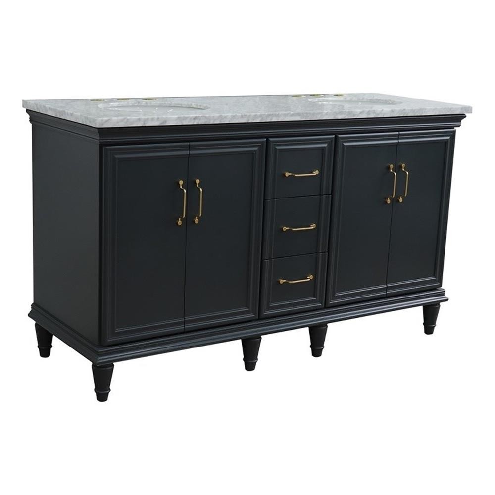 61 in. Double Wooden Vanity Dark Gray White Carrara Marble Oval Sink