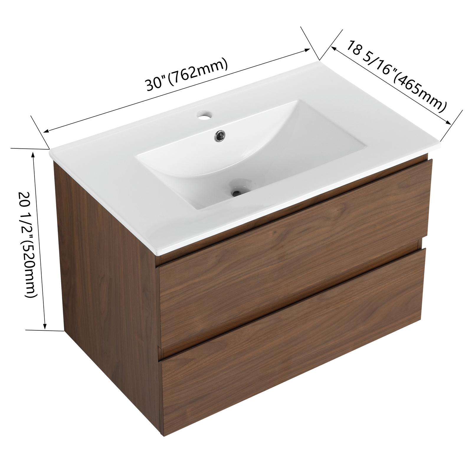 30″ Wood Wall Mounted Bathroom Vanity With 2 Drawers Cabinet Ceramic Sink Basin