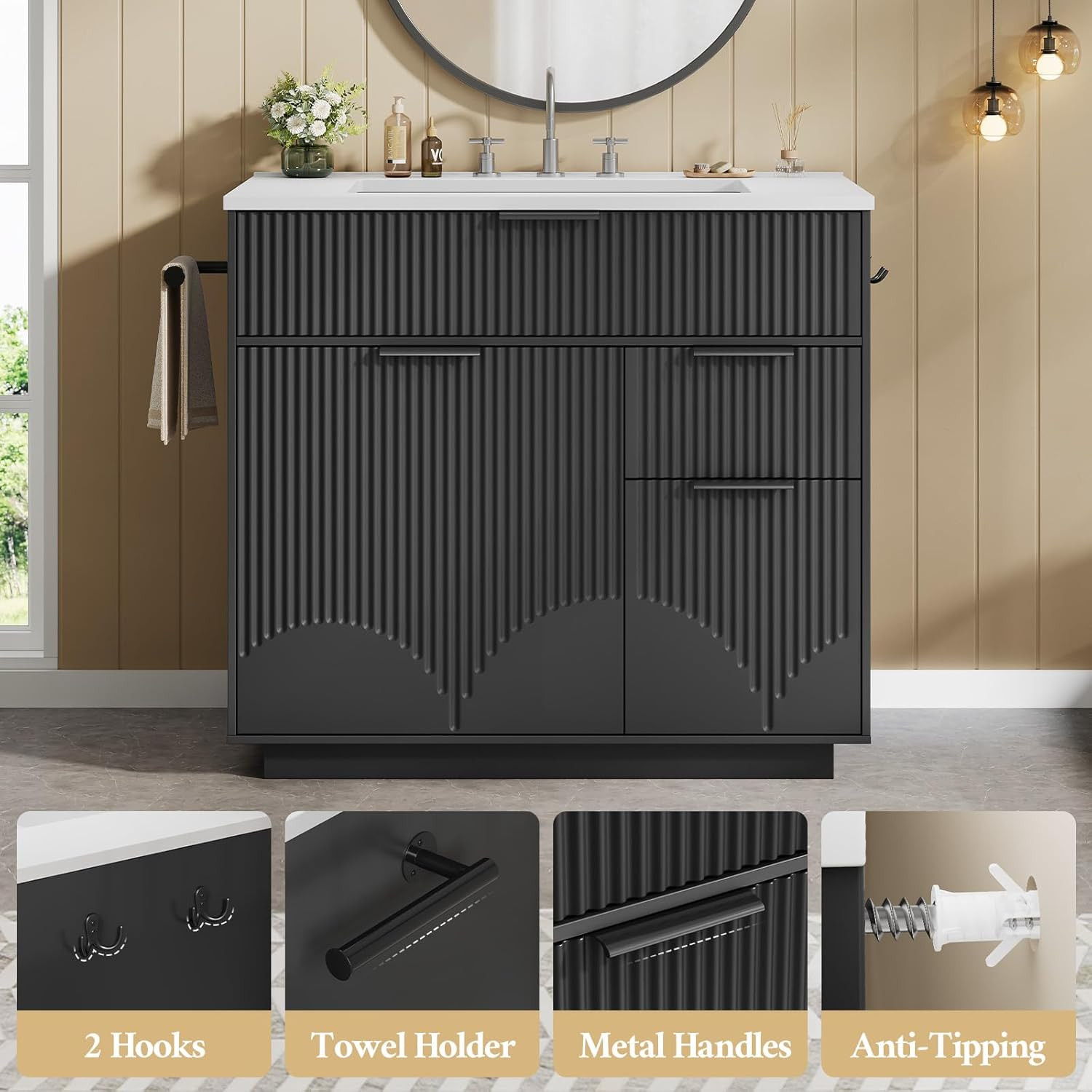 31″ Fluted Bathroom Vanity with Sink, Freestanding Bathroom Cabinet with Door St