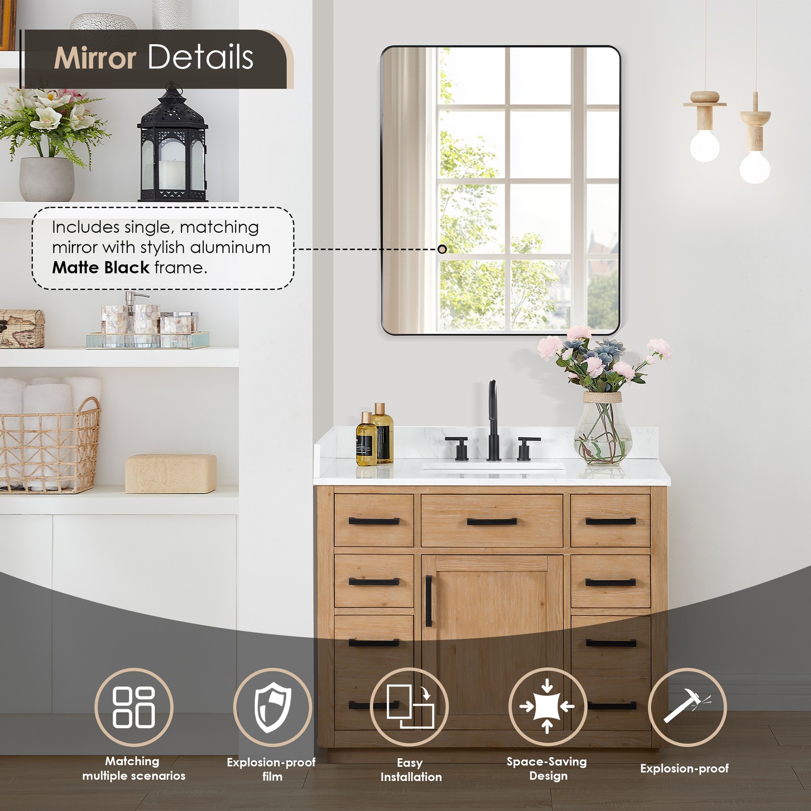 Gavino 42″ Wood Vanity in Light Brown with Composite Stone Top with Mirror