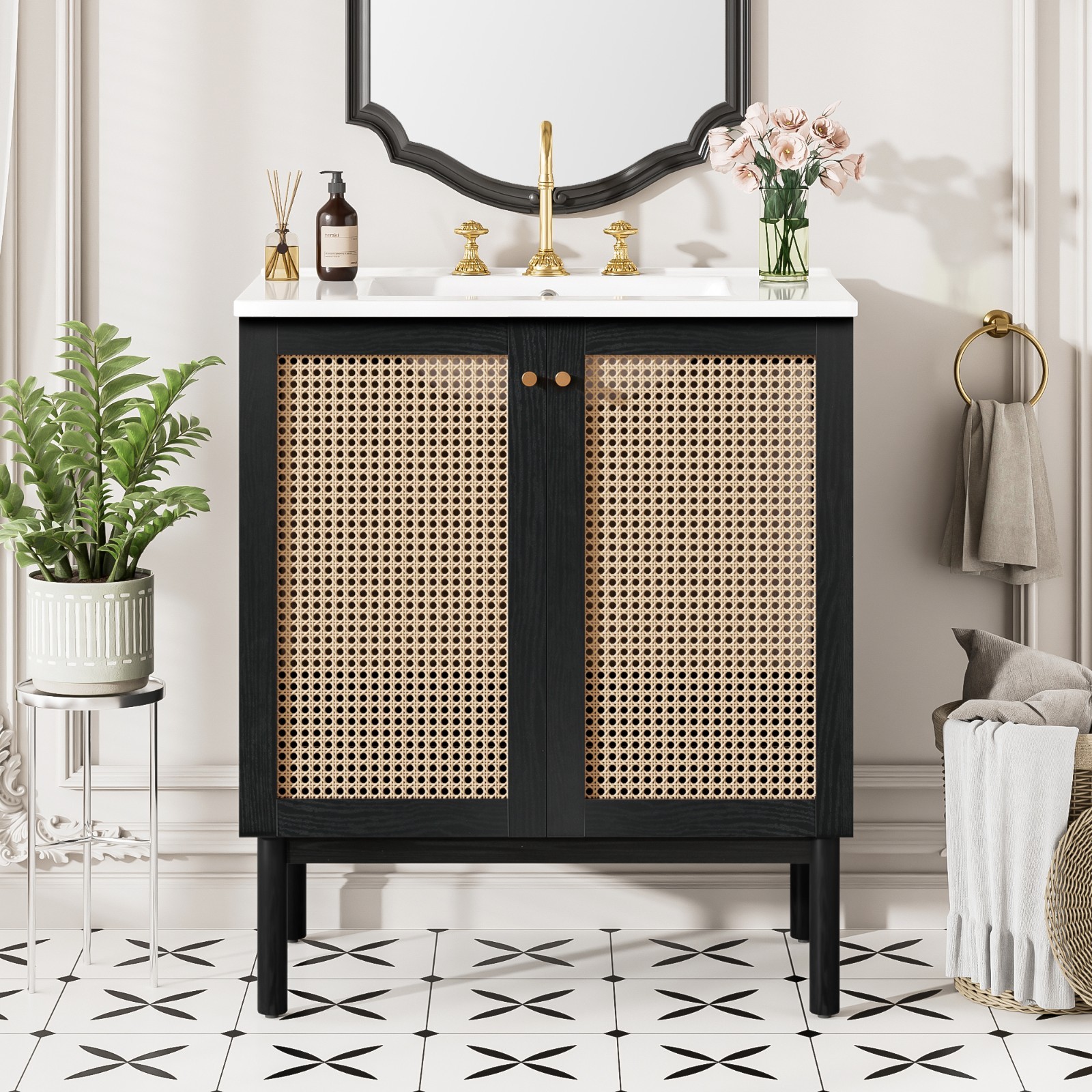 30″ Bathroom Vanity w/ Sink, Freestanding Vanity Storage Cabinet, 2 Rattan Doors