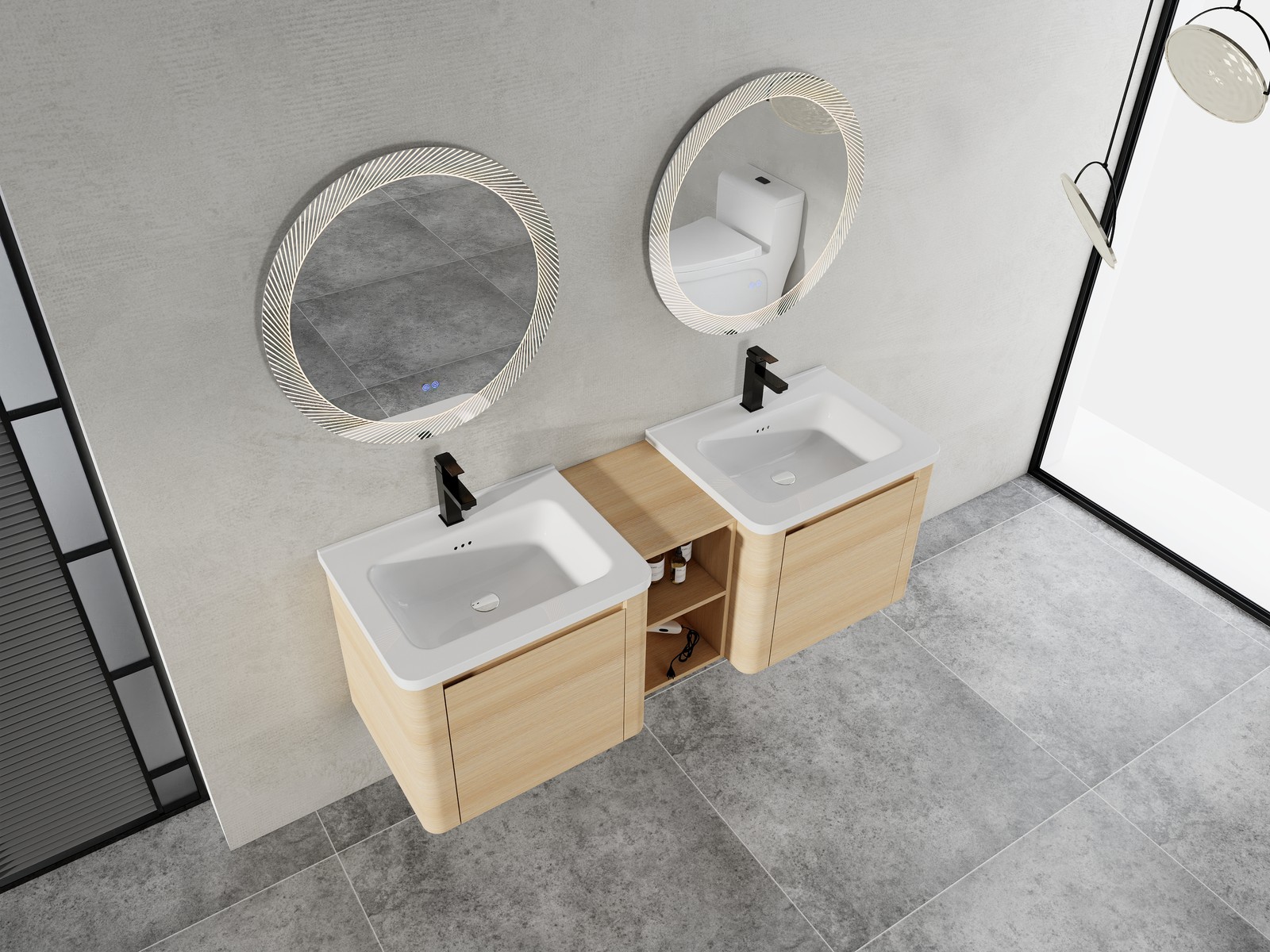 60in Plywood Wall-Mounted Bathroom Vanity W/ 2x White Ceramic Sink and Shelves