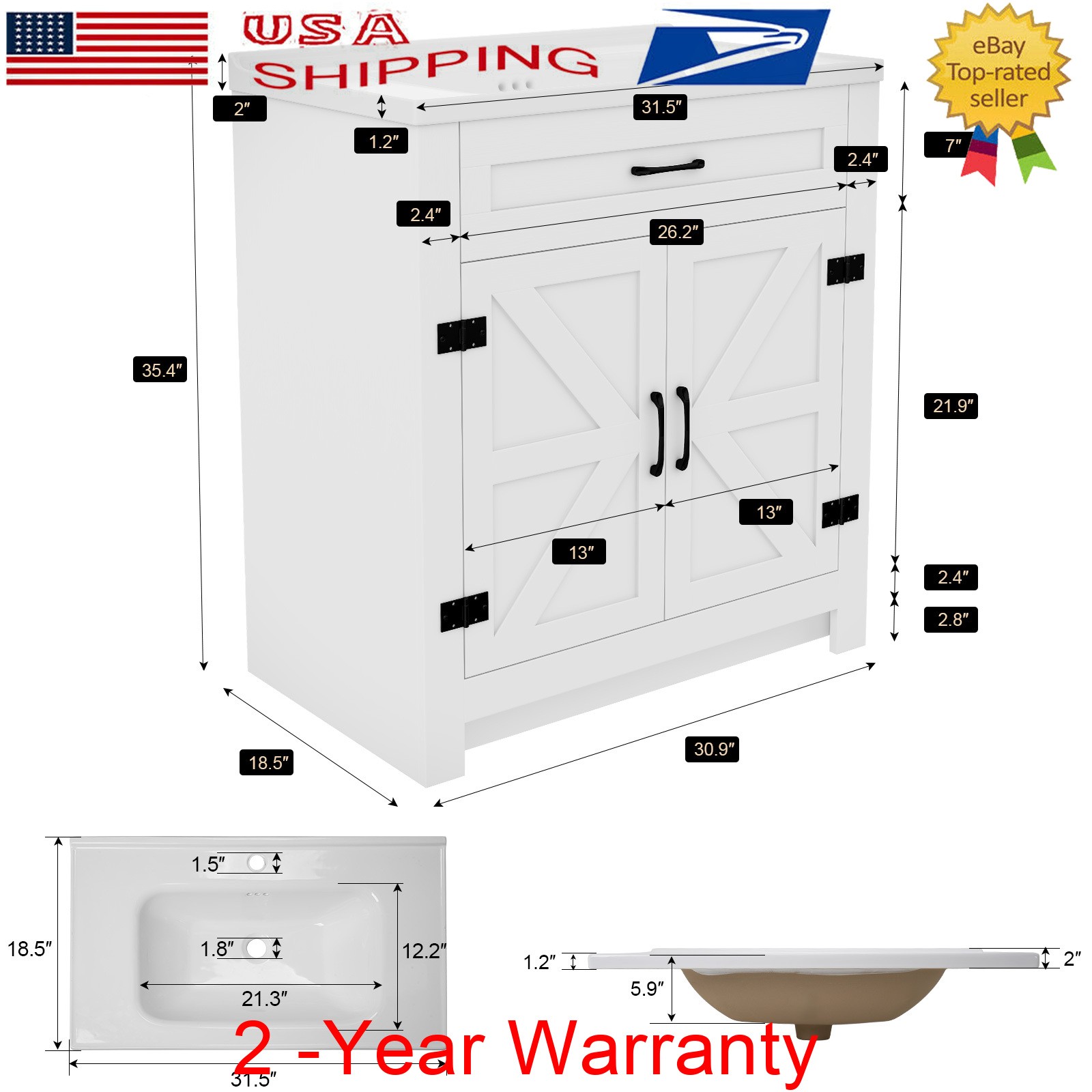 31″ Modern Design Bathroom Vanity Cabinet with Undermount Ceramic Sink w/Drawers