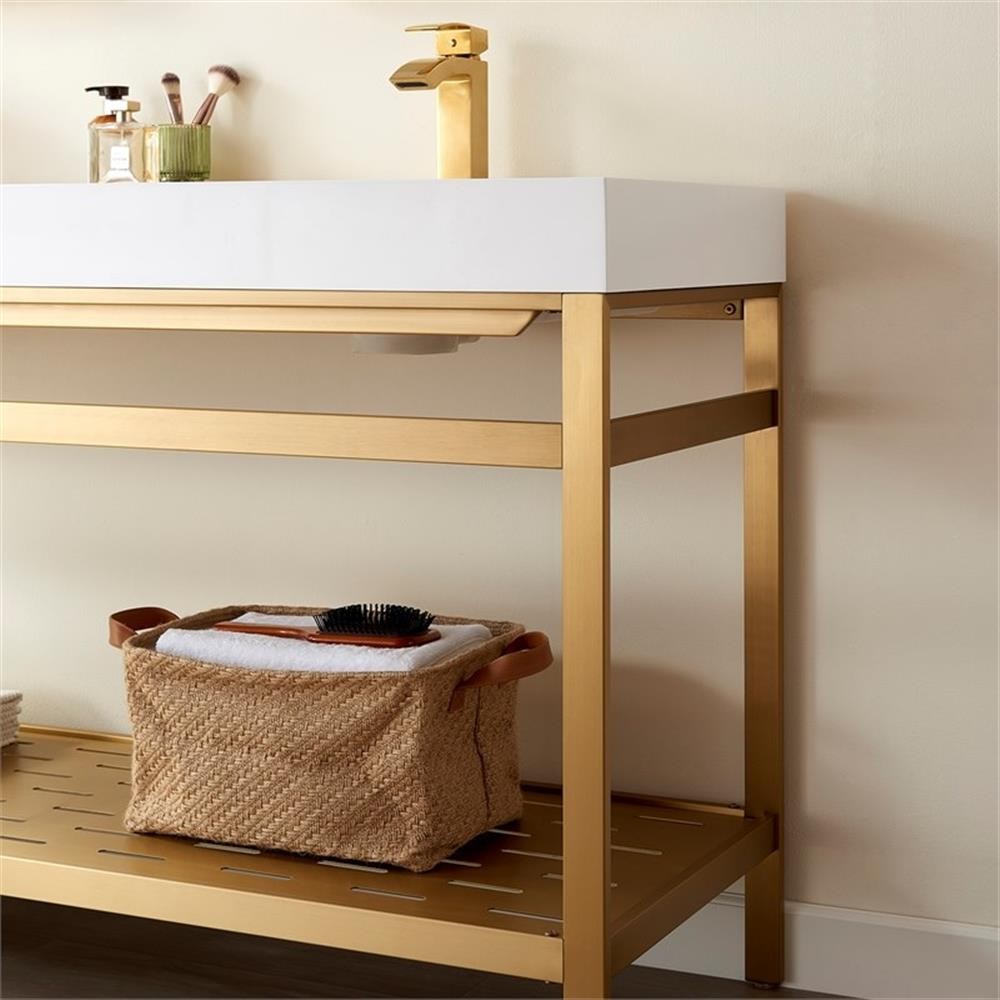 Vinnova Ablitas 60″ Double Sink Bath Vanity with Mirror – Brushed Gold/White Top