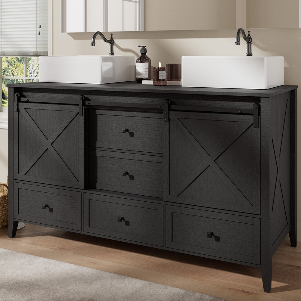 60″ Black Bathroom Vanity with Sink Floor Stand Storage Cabinet Set Wood Grain