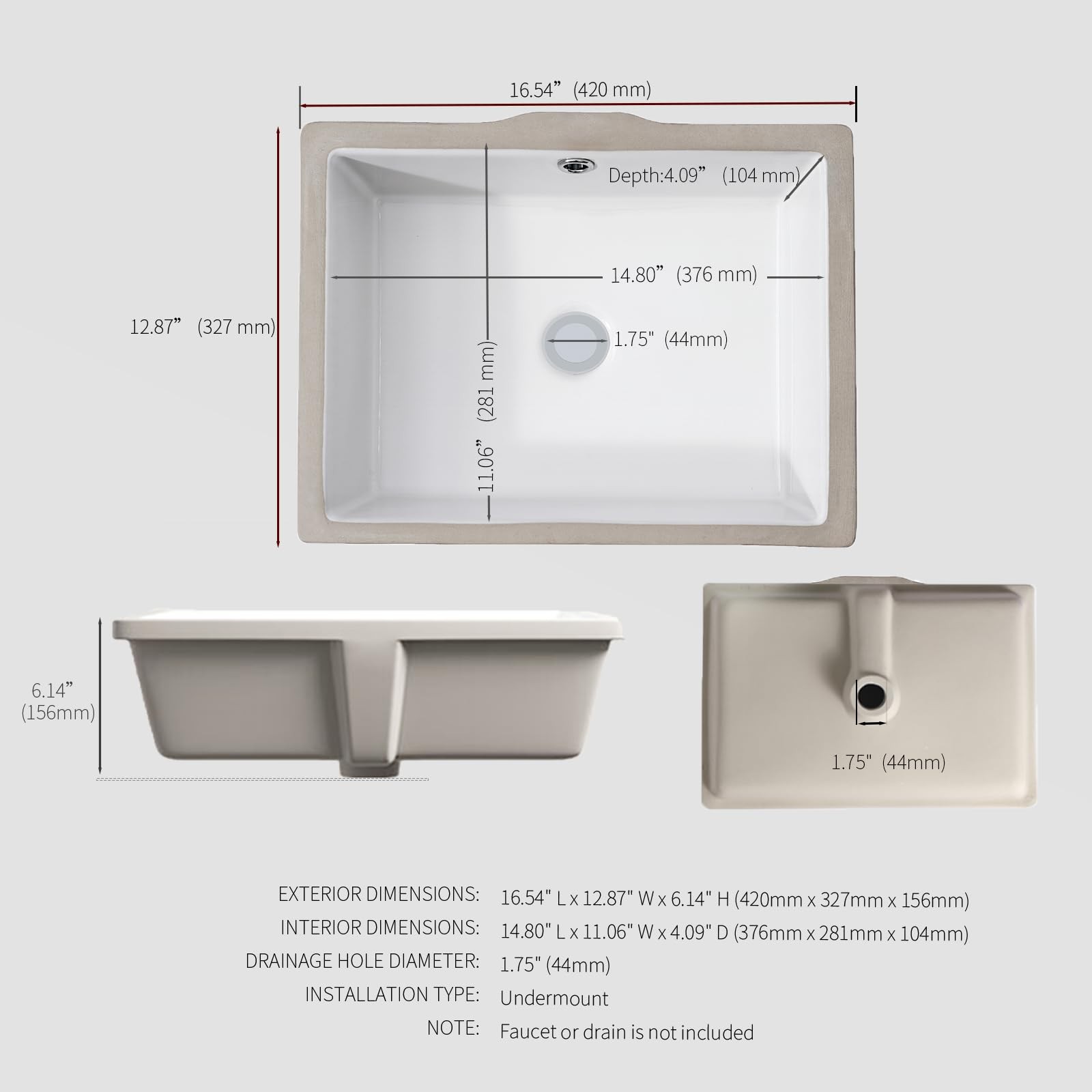 17-Inch Undermount Bathroom Sink, White Ceramic Rectangular Vanity Sink with Ove