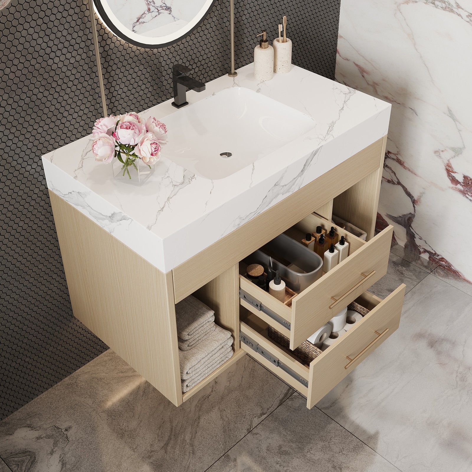 29.9″ Floating Bathroom Vanity with Sintered Stone Top & Ceramic Sink
