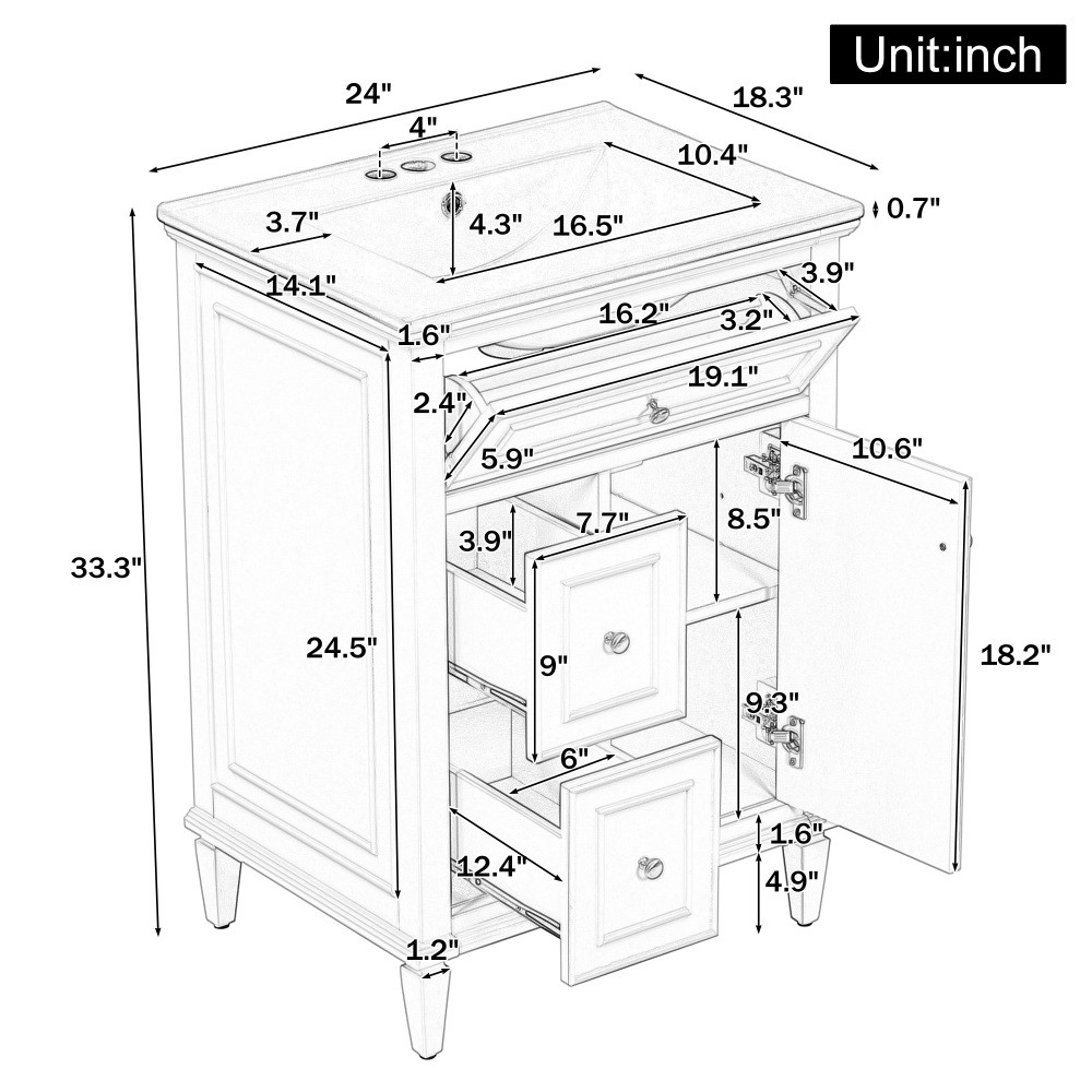 24 Inch White Bathroom Vanity with Ceramic Sink Solid Wood MDF Cabinet