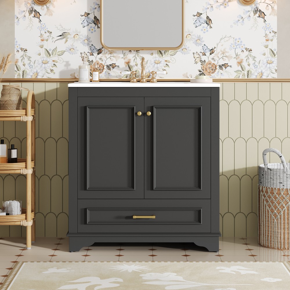 30″ Solid Wood Bathroom Vanity w/Ceramic Sink,2 Soft Close Doors,Storage Cabinet