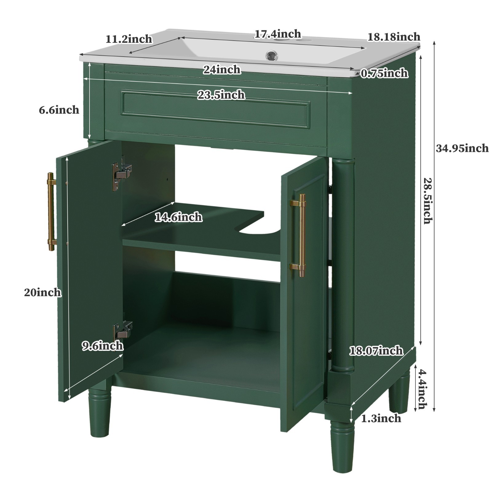 24″ Bathroom Vanity with Integrated Ceramic Sink, Bathroom Cabinet with 2 Doors