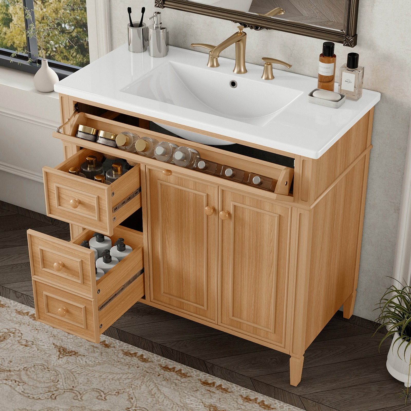 36″ Bathroom Vanity w/Sink,3 Drawers,Freestanding Storage Vanity 2 Doors Cabinet
