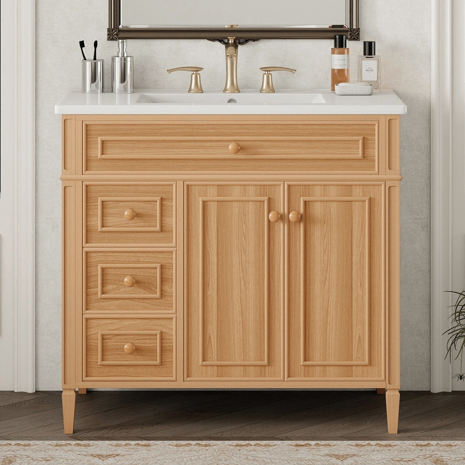 36″ Bathroom Vanity w/Sink,3 Drawers,Freestanding Storage Vanity 2 Doors Cabinet