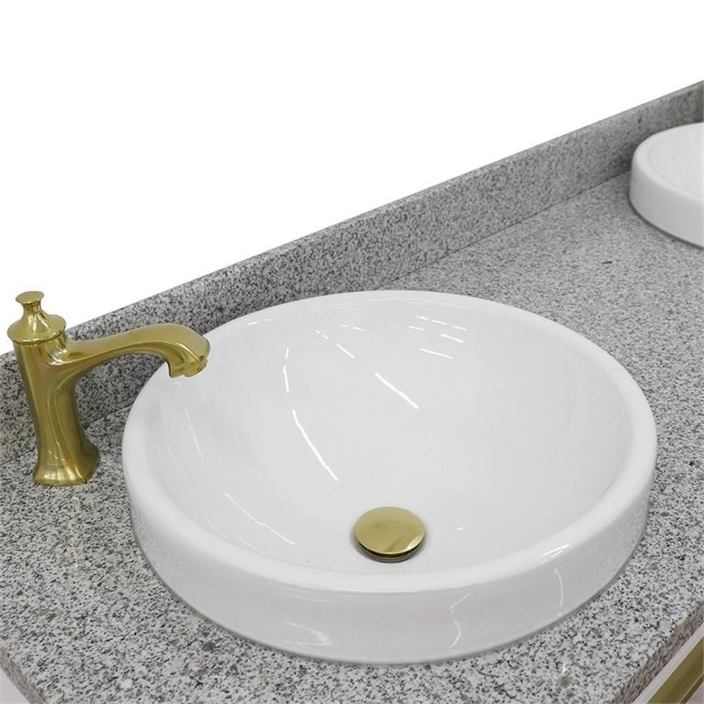 Pemberly Row 61″ Double Round Sink Solid Wood Vanity in White/Gray Granite Stone