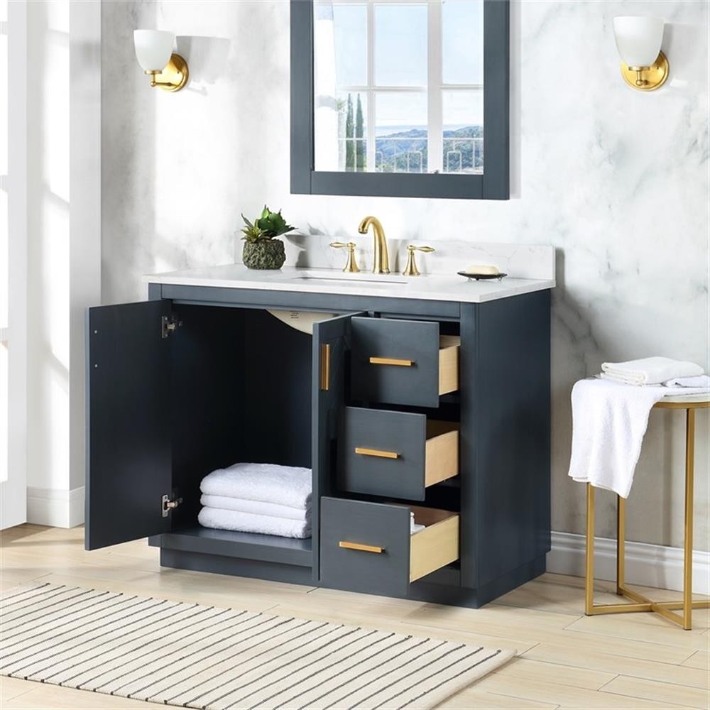Pemberly Row 42″ Charcoal Blue Wood Vanity w/ Composite Stone Top without Mirror