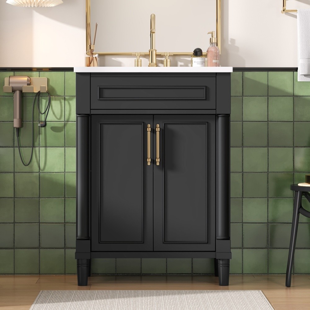 24in Bathroom Vanity Integrated Ceramic Sink 2 Doors Small Medium Restroom