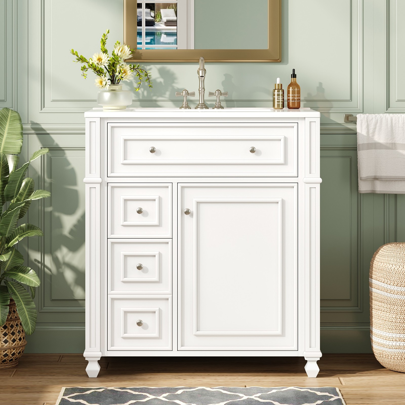 30 Inch Bathroom Vanity w/Ceramic Sink Basin, Storage Cabinet w/Soft Close Door