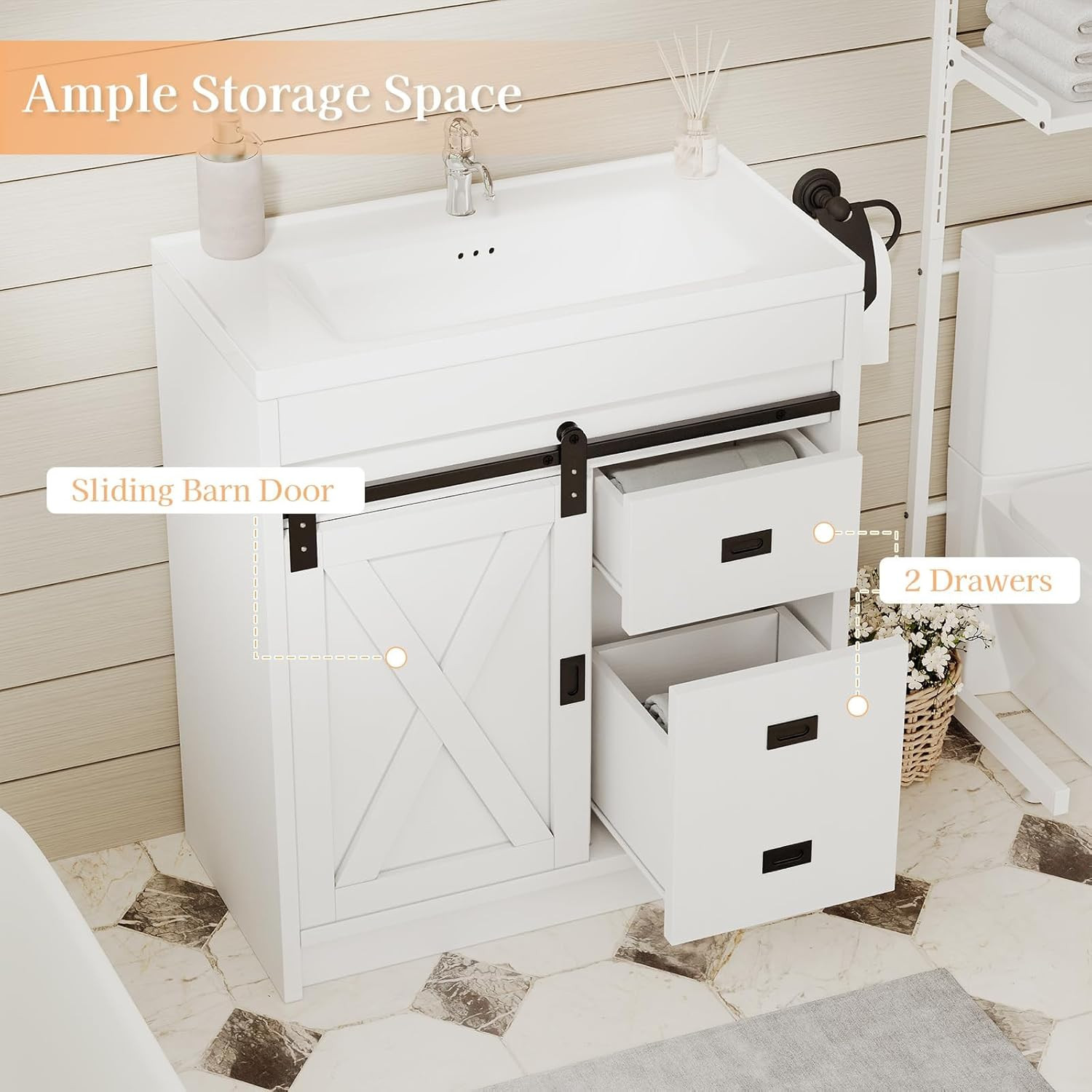4Ever2Buy 30″ Farmhouse Bathroom Vanity with Sink, Small White Bathroom Vanity C