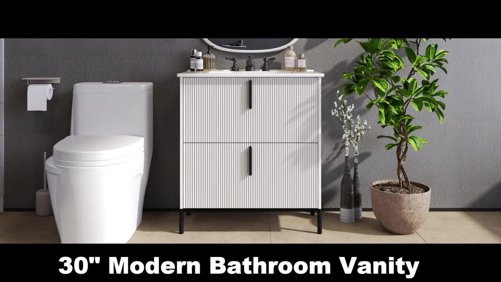 30″ White Bathroom Vanity with Ceramic Sink & Soft Close Drawers