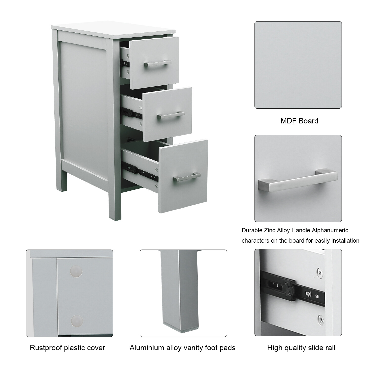 12″ Small Bathroom Vanity Beside Cabinet 3 Drawers Shelf Modern MDF Wood Gray