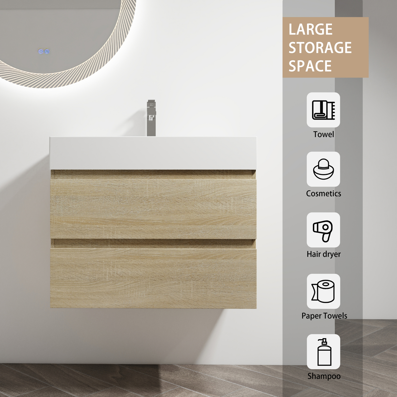 30″ Wood Wall-Mounted Bathroom Vanity Cabinet W/ Resin Sink 2 Drawers Light Oak