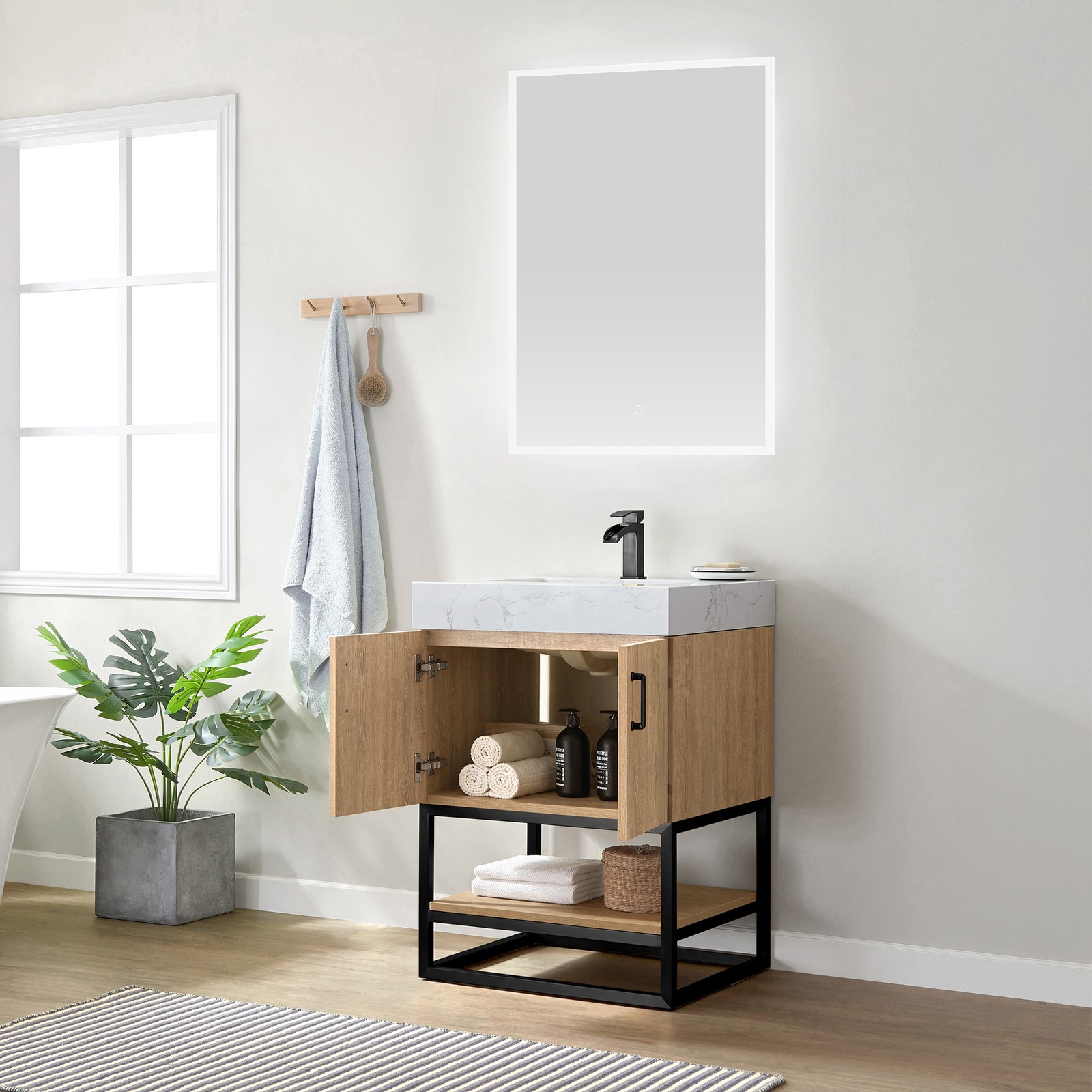 Vinnova Alistair 24″ White Stone Top Oak Single Vanity Black Frame w/o Mirror