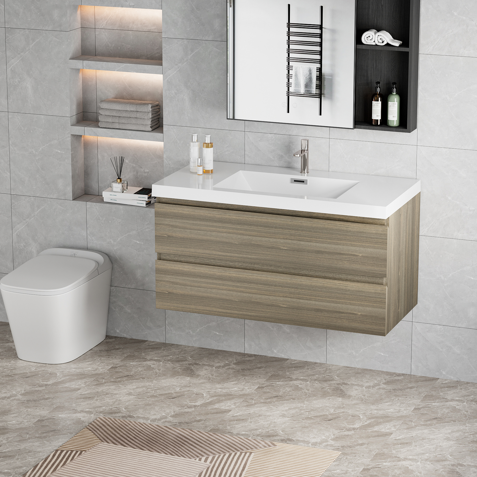 42″Floating Wall Mounted Bathroom Vanity Cabinet +Resin Basin Sink 2Drawers Gray