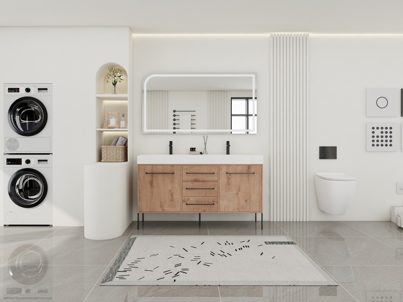 60 in Freestanding Bathroom Vanity White Double Resin Sink 2 Doors 3 Drawers