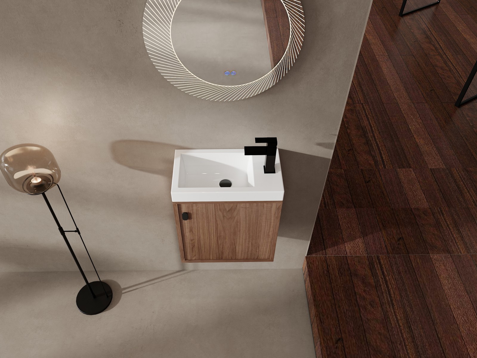 18.5″ Walnut Wall Mounted Floating Bathroom Vanity W/ Door Storage W/ Resin Sink