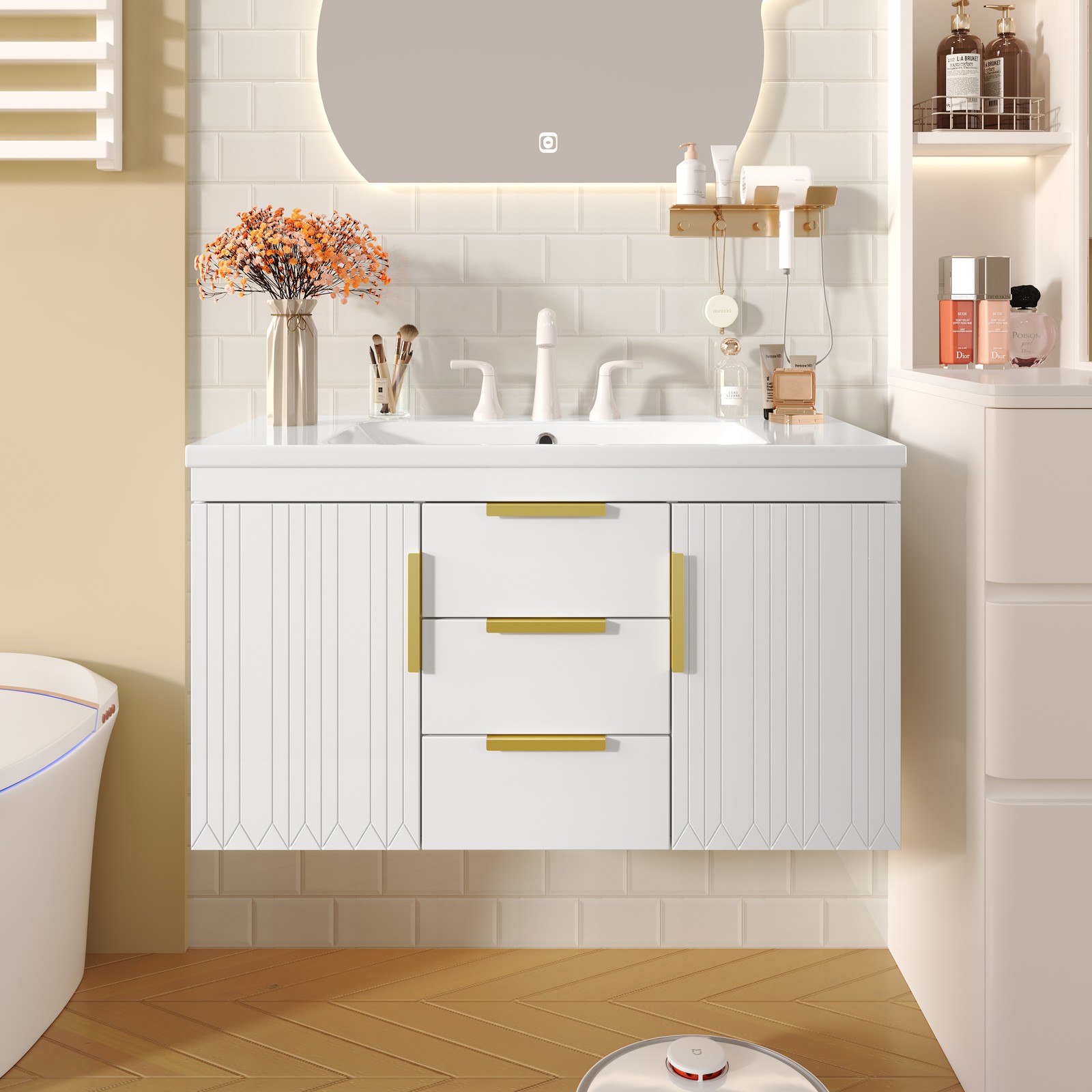 36″ Floating Bathroom Vanity Cabinet with 2 Drawers, Solid Wood, White