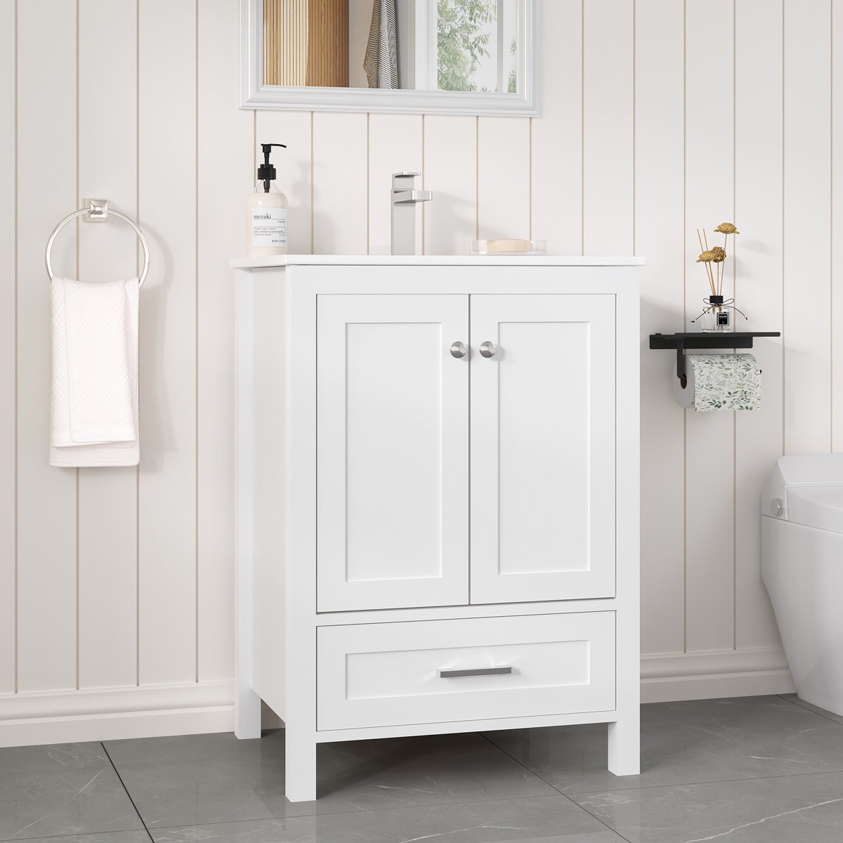 24″ Single Bathroom Vanity with Sink Ceramic Top Modern White Cabinet Drawers