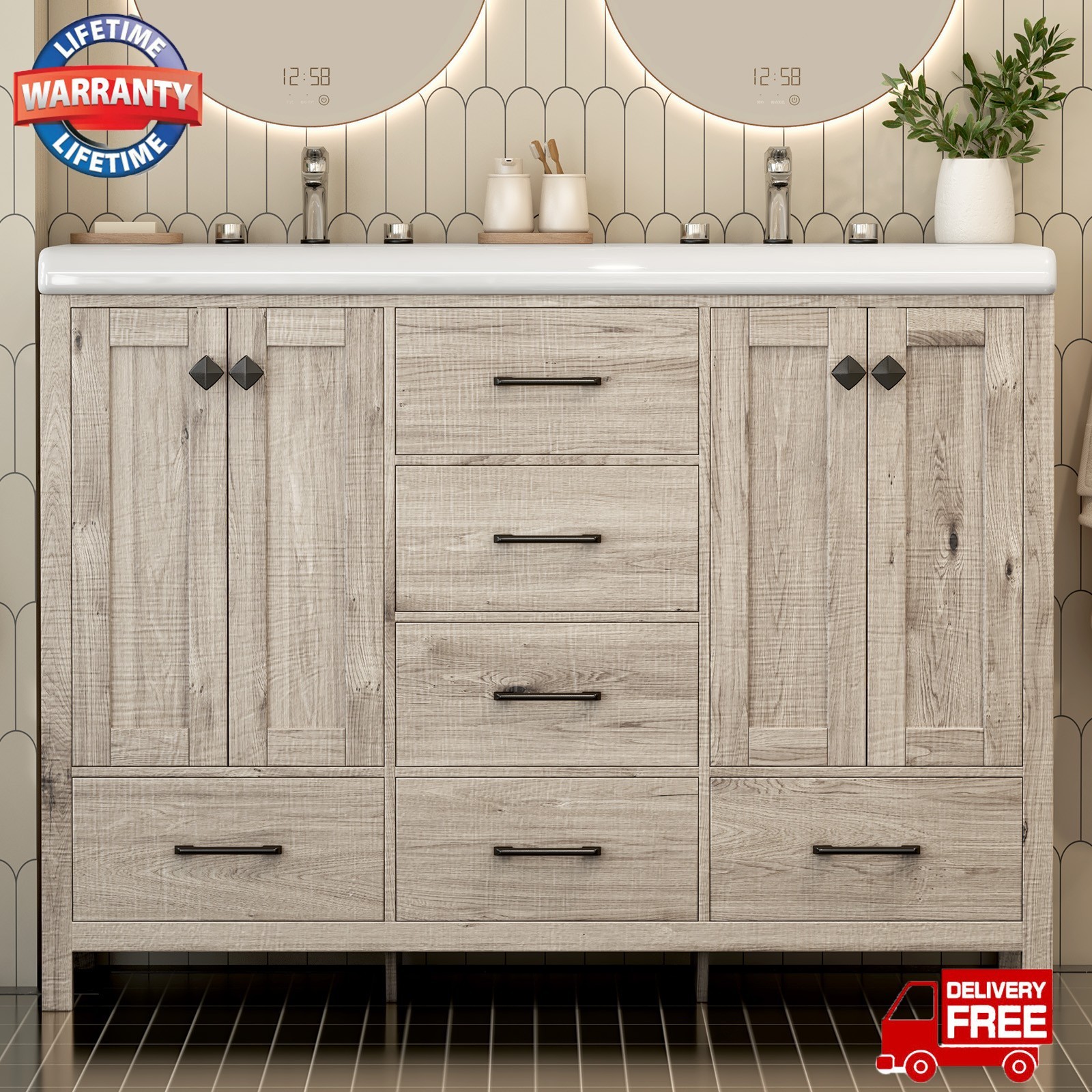 46.7″ Bathroom Vanity Double Sink Ceramic Freestanding Cabinet Wood Grain Modern
