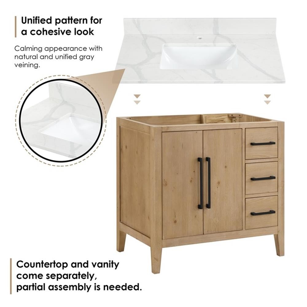 Laurel 36″ Wood Vanity in Weathered Fir Calacatta White Quartz Top with Mirror