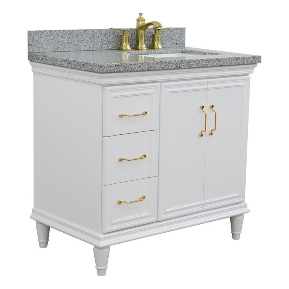 37 in. Single Wooden Vanity White Gray Granite Rectangle Right Door.Right Sink
