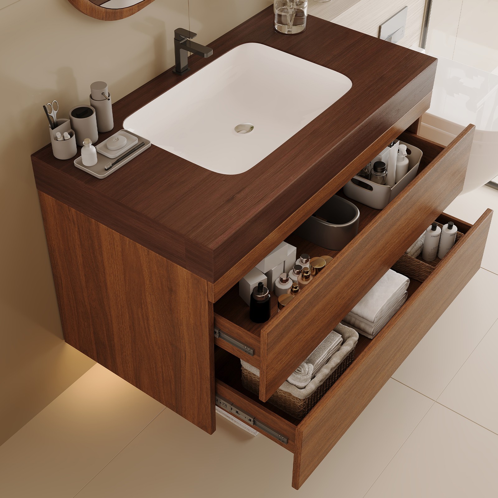 29.9″ Floating Bathroom Vanity with Marble Top and Ceramic Sink
