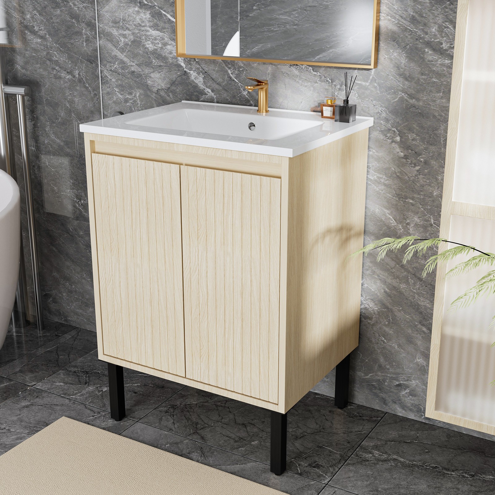 24 Inch Bathroom Vanity with Sink, Oak Finish, White Ceramic