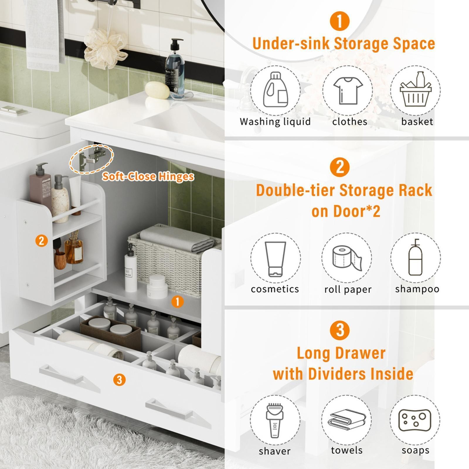 36-Inch Bathroom Vanity with Soft-Close Doors, Overflow-Protected Ceramic Sink &