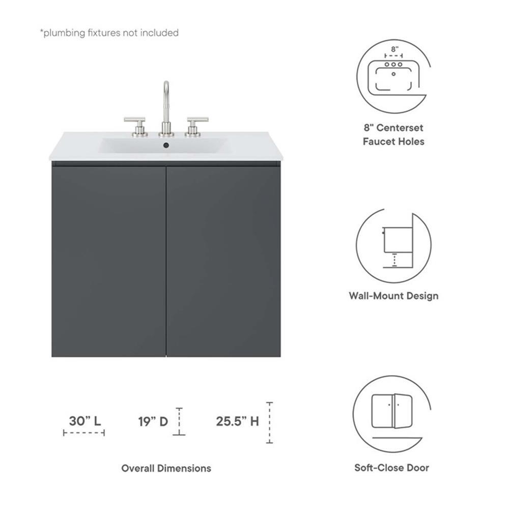 Modway Bryn 30″ Modern Wood/Ceramic Wall-Mount Bathroom Vanity in Gray/White