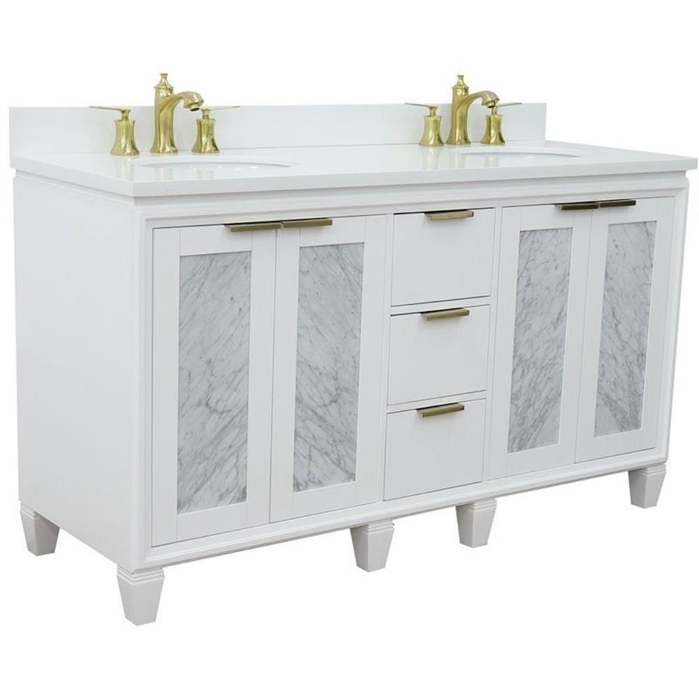 Pemberly Row 61″ Double Oval Sink Solid Wood Vanity in White/White Quartz Stone