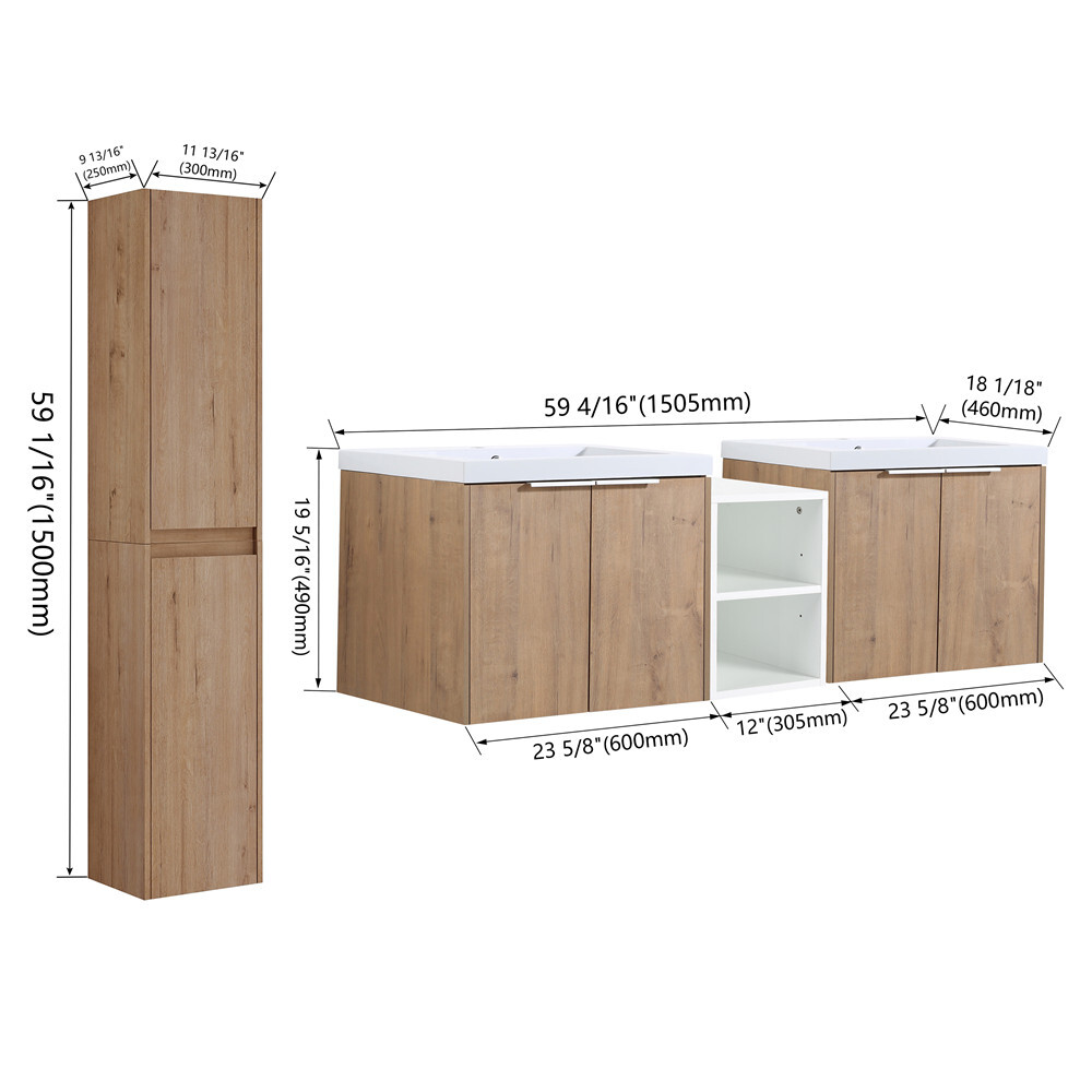 60″ 72″ 84″ Wall Mounted Bathroom Vanity w/Sink, Floating Cabinet Storage Rack