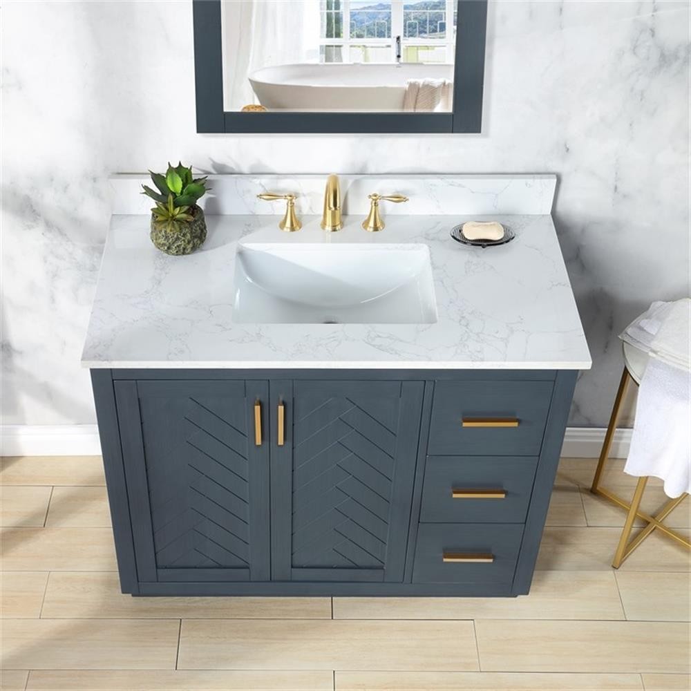 Pemberly Row 42″ Charcoal Blue Wood Vanity w/ Composite Stone Top without Mirror